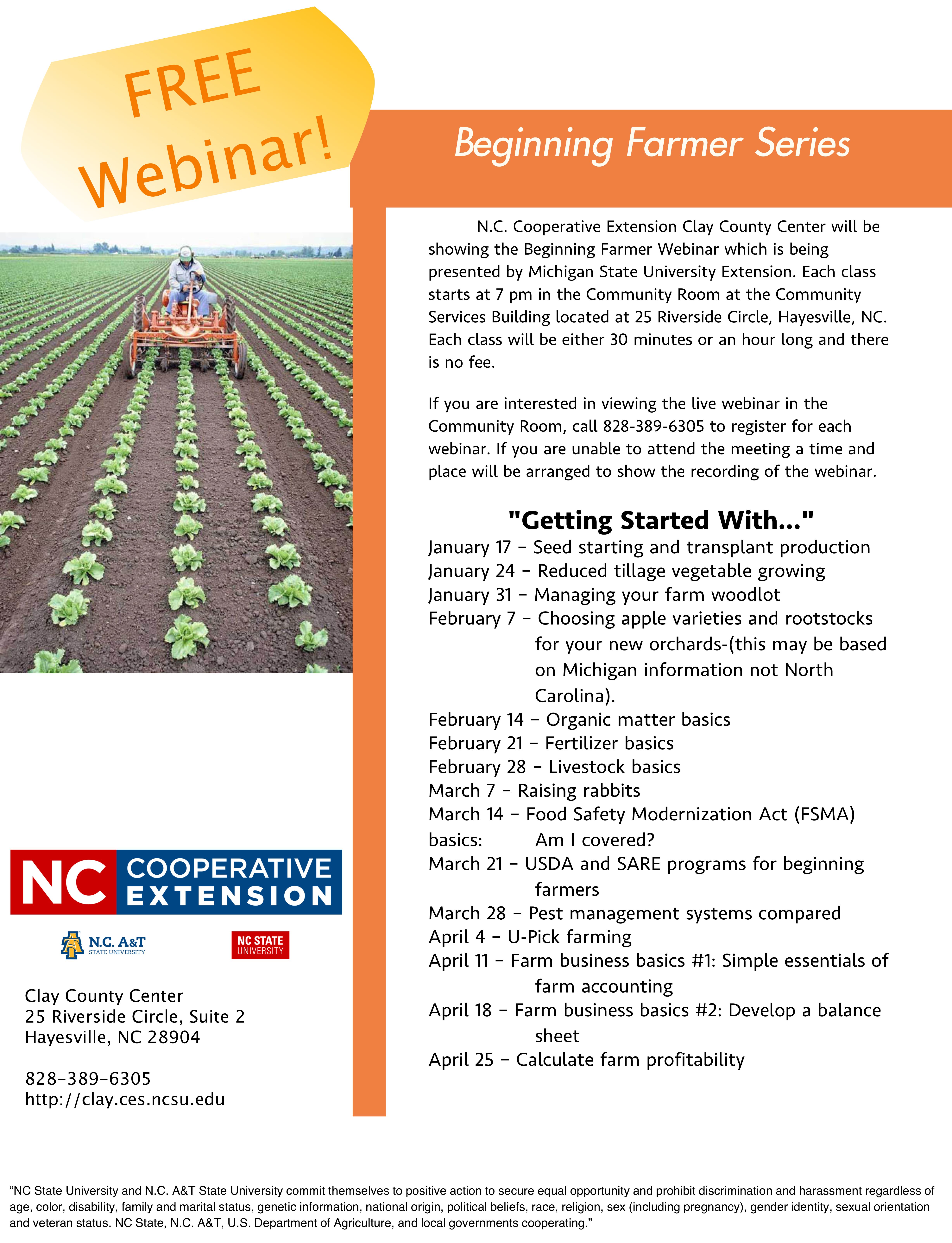 A flyer to promote the Beginning Farmer Webinar Series by Michigan State University.