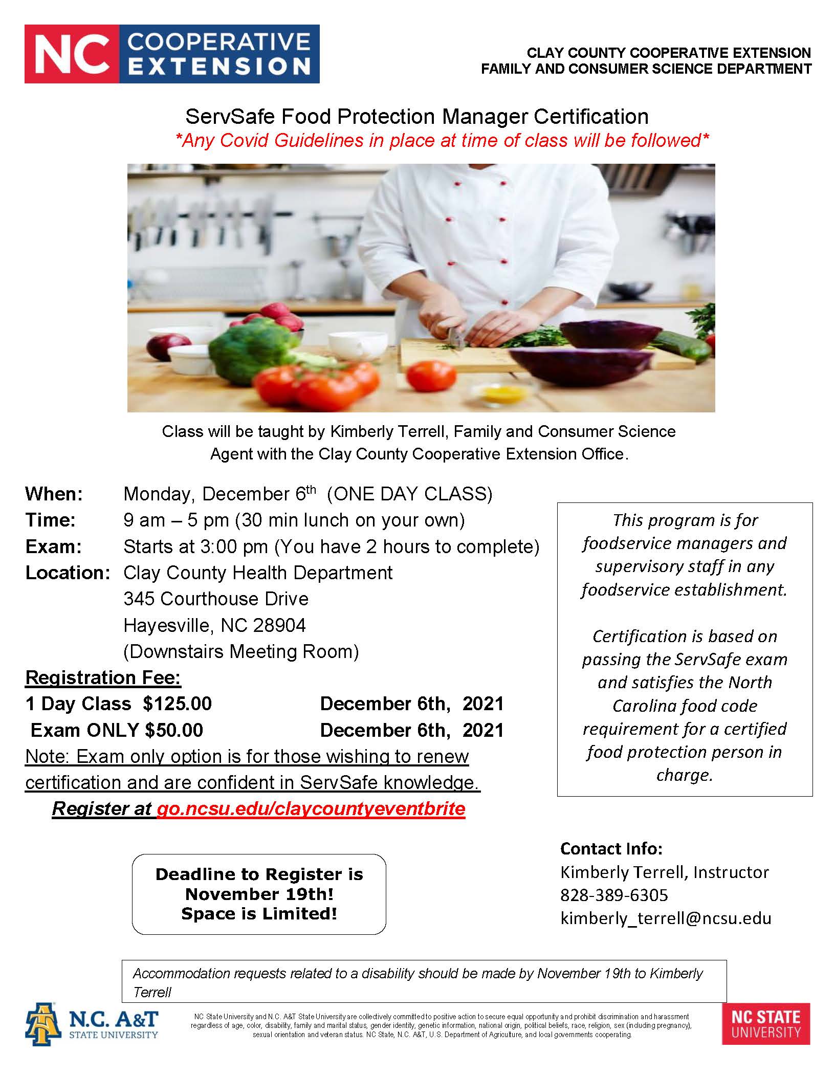 Rescheduled ServSafe Food Protection Manager Certification Class N C