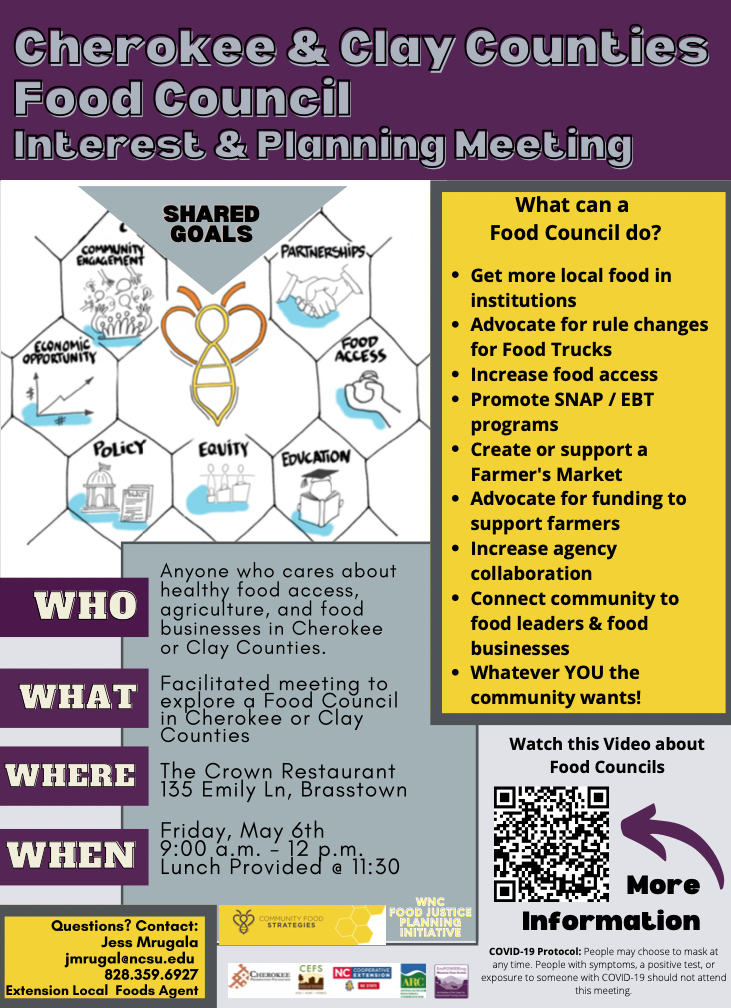 A flyer for the Cherokee & Clay Counties Food Council Interest and Planning Meeting.