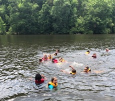 Children swimming in lake