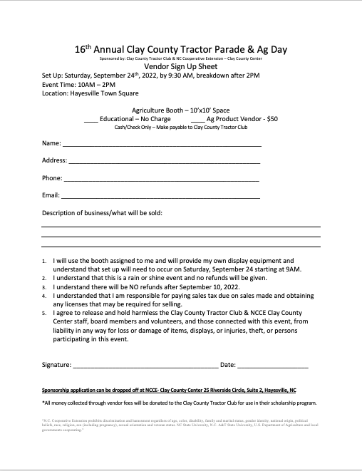 16th Annual Clay County Tractor Parade & Ag day Vendor Signup Sheet.