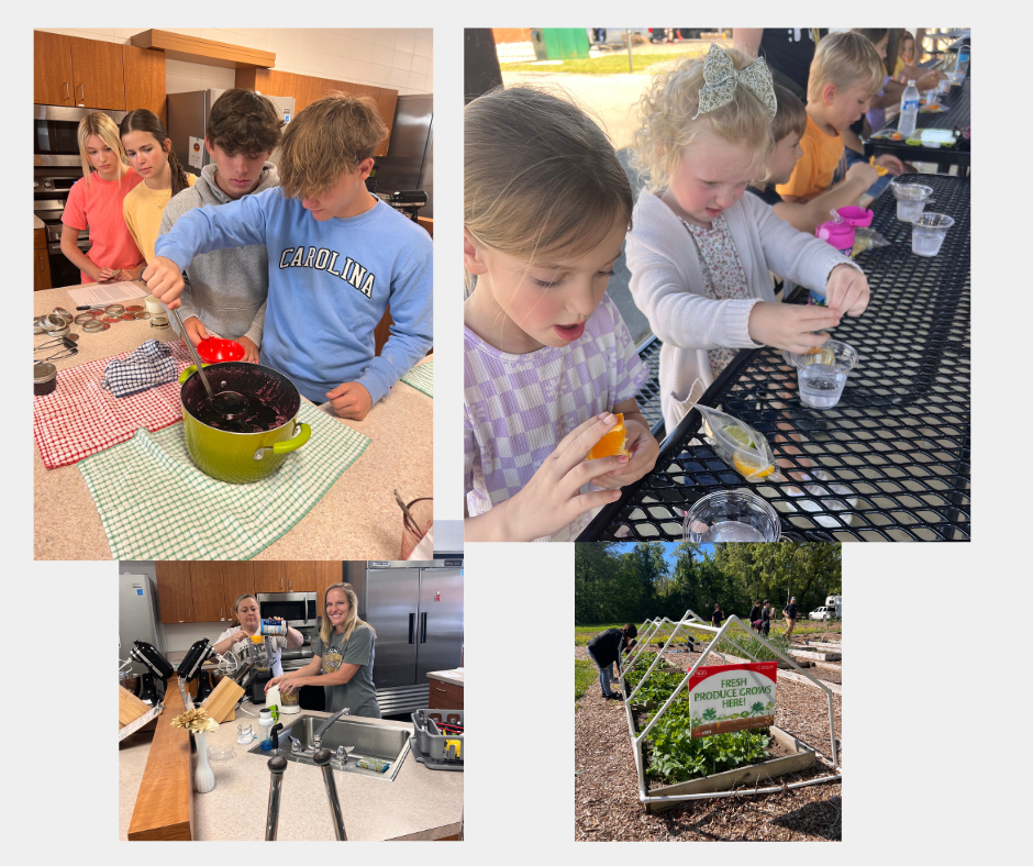 Collage of garden of children and adults cooking along with a fresh produce garden.