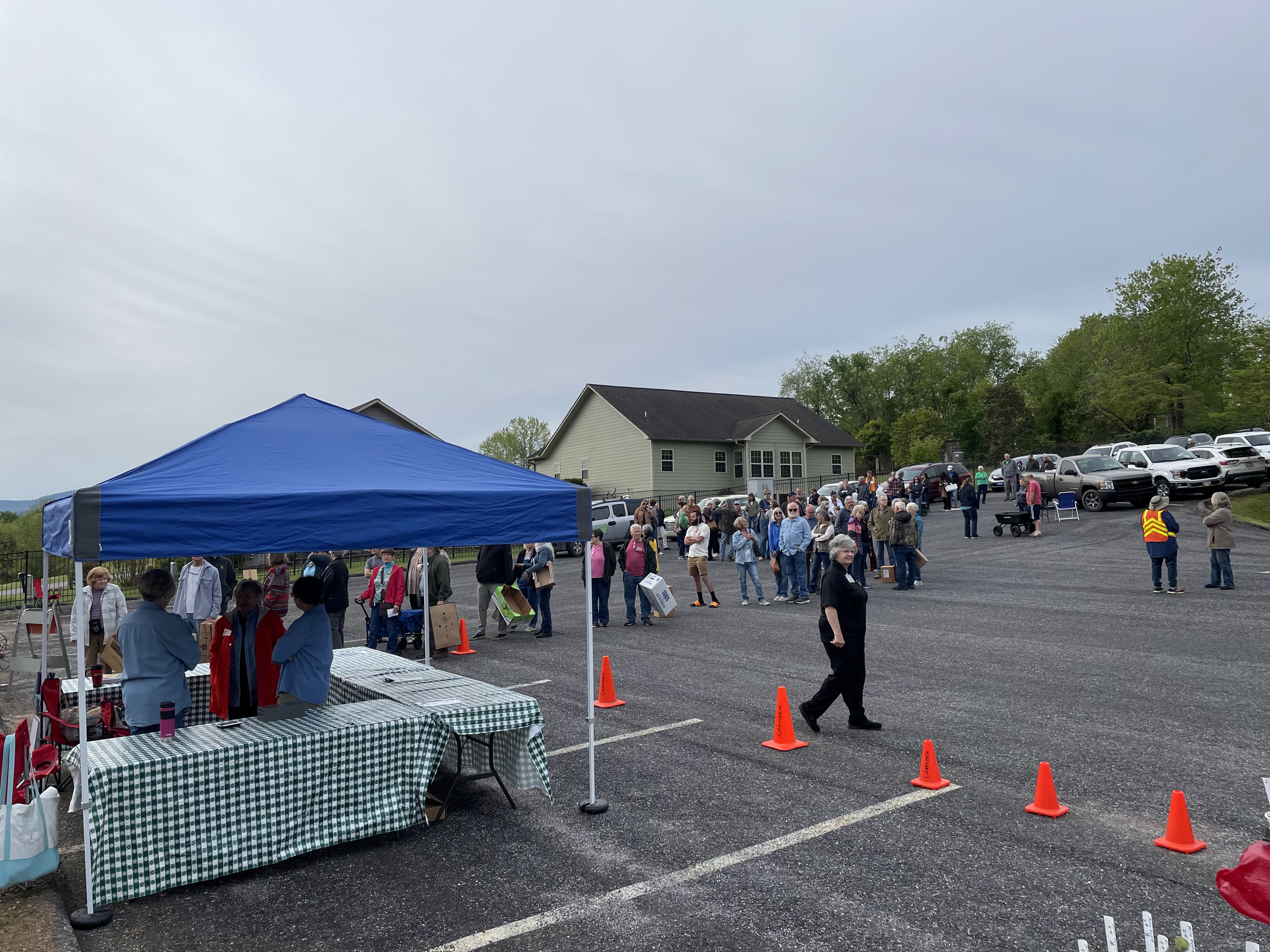 A large crowd lines up in a parking lot for a plant sale event, with people carrying bags and carts. A blue canopy tent with a green-and-white checkered table underneath serves as an information or check-out station. Orange cones help guide the line, and a volunteer in a yellow vest stands near the crowd.